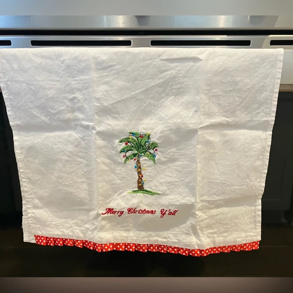 Merry Christmas Y’all white kitchen towel  embroidered palm tree